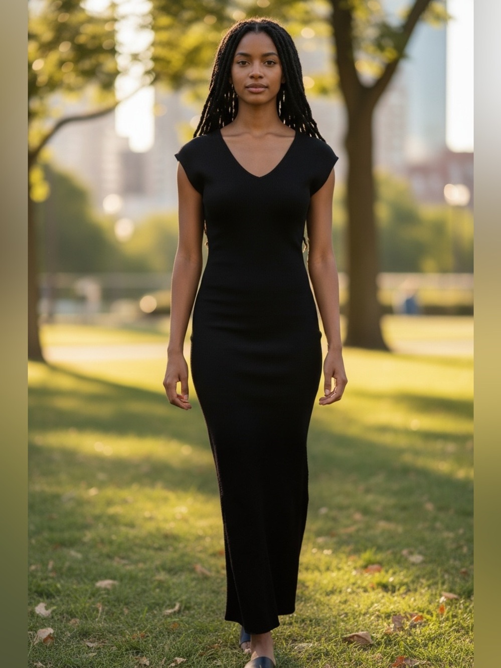 WILLI SMITH BLACK MINIMALIST KNIT MAXI DRESS W ARGLE DESIGN ACROSS FRONT SZ M